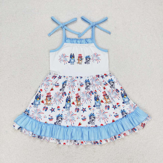 GSD1069  Cartoon Dog Fireworks Print Girls Knee Length 4th of July Dress
