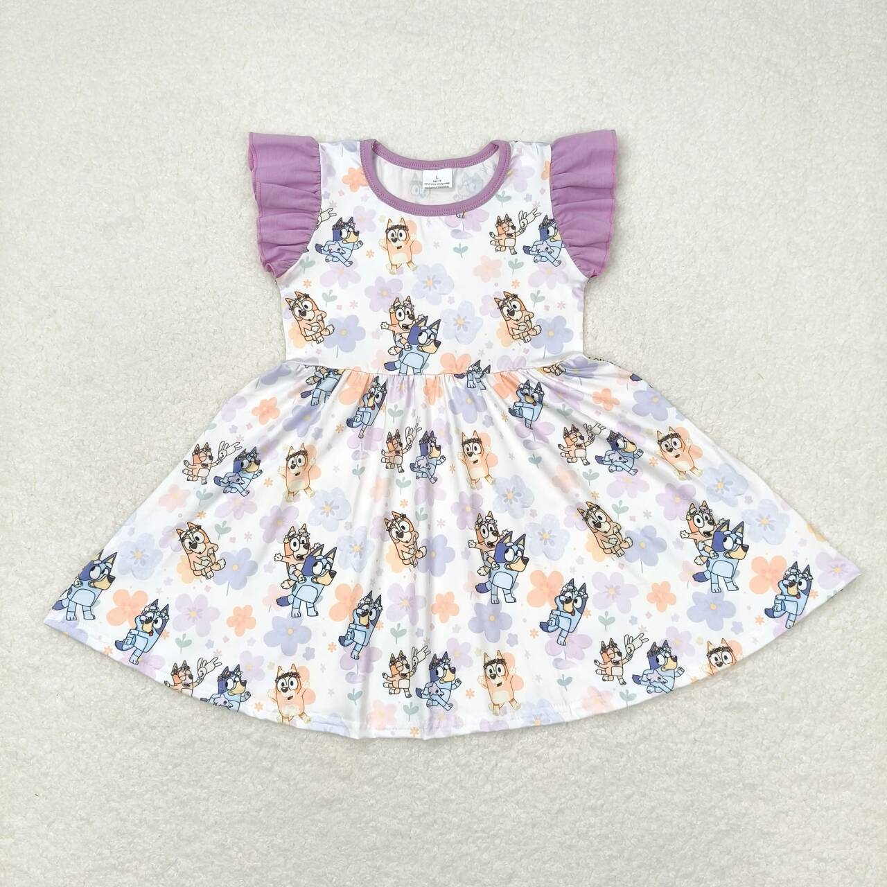 GSD1079 Cartoon Dog Flowers Print Girls Knee Length Summer Dress