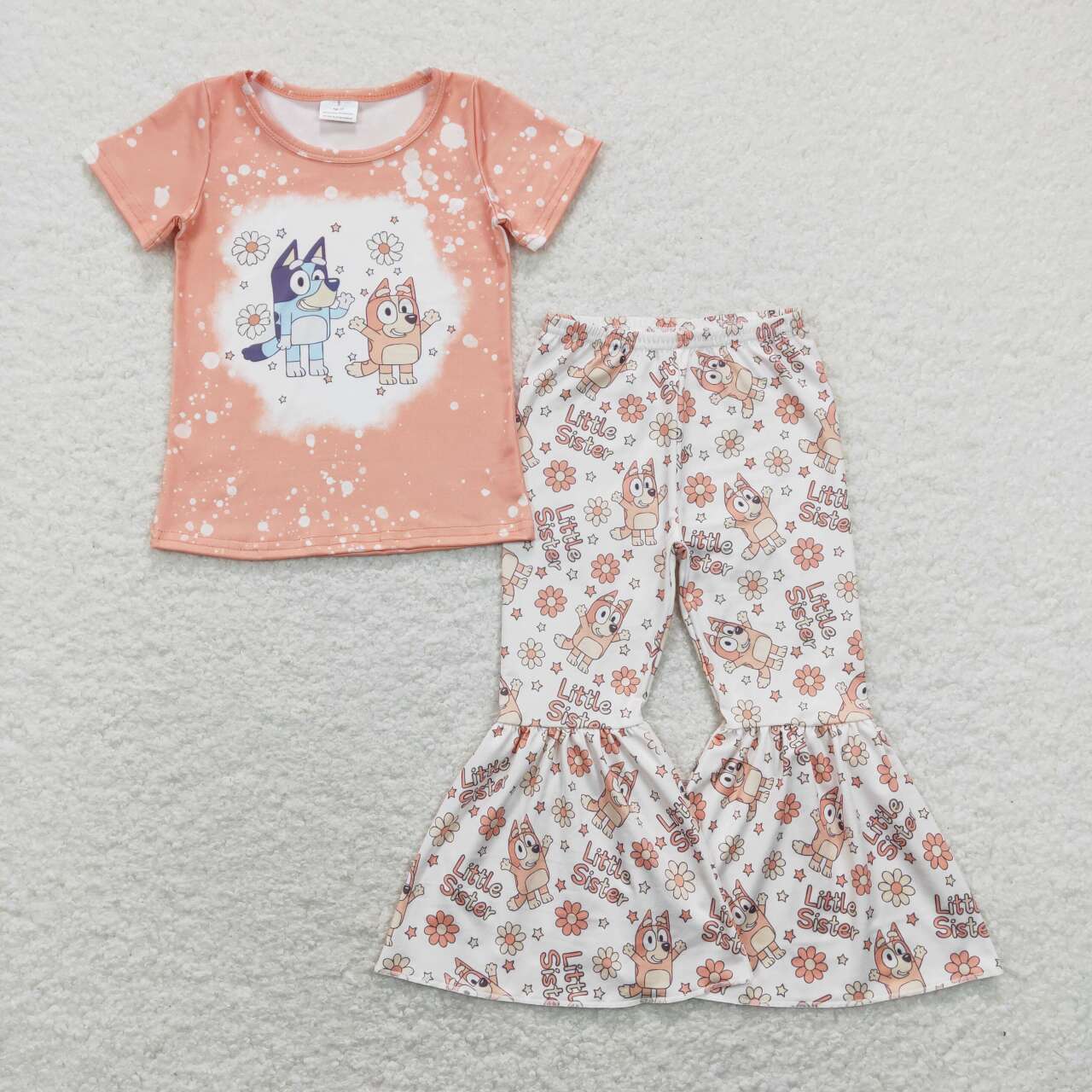 GSPO1335 Little Sister Cartoon Dog Flowers Print Girls Clothes Set