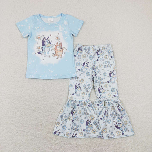 GSPO1336 Big Sister Cartoon Dog Flowers Print Girls Clothes Set