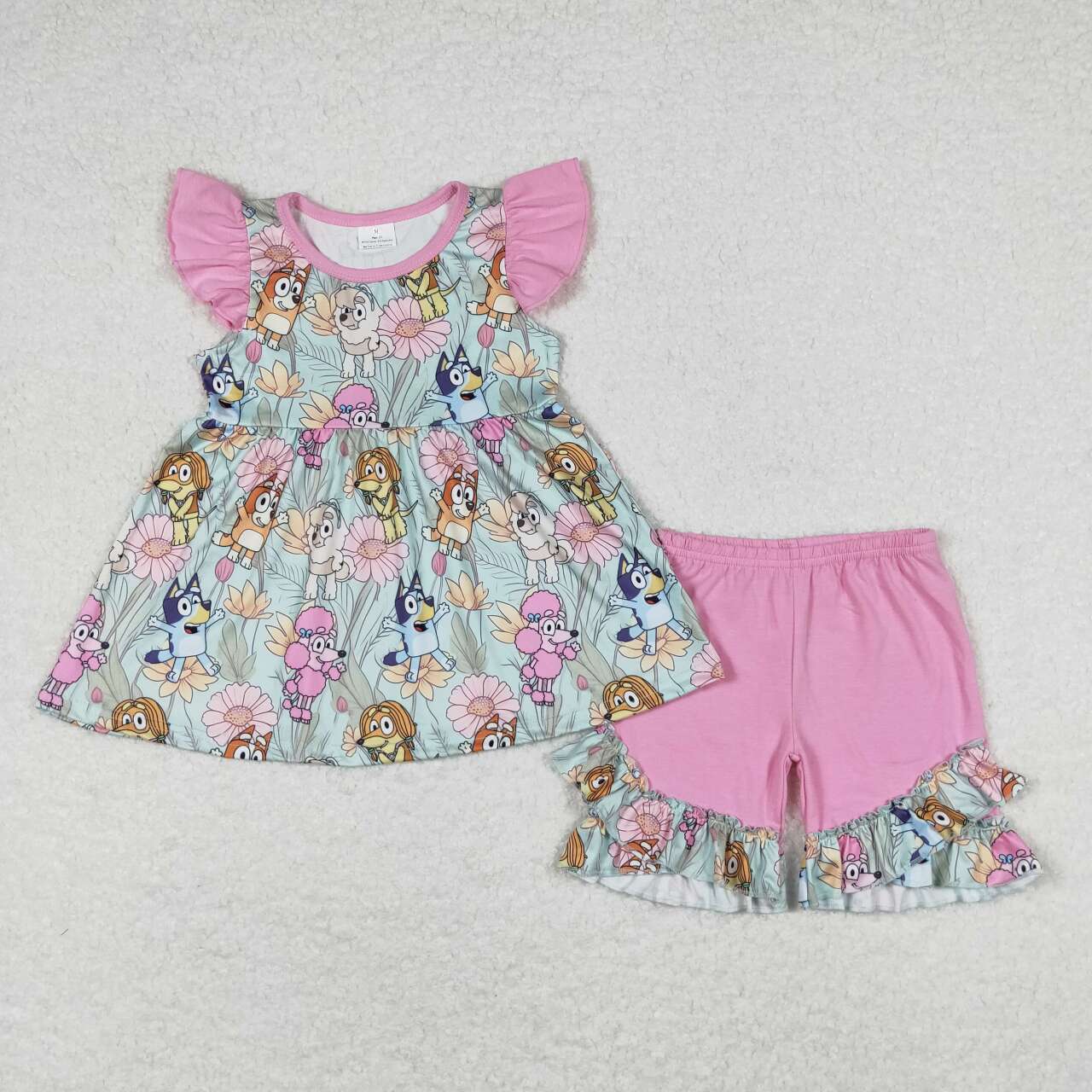 GSSO0624 Cartoon Dog Flowers Tunic Top Ruffle Shorts Girls Summer Clothes Set
