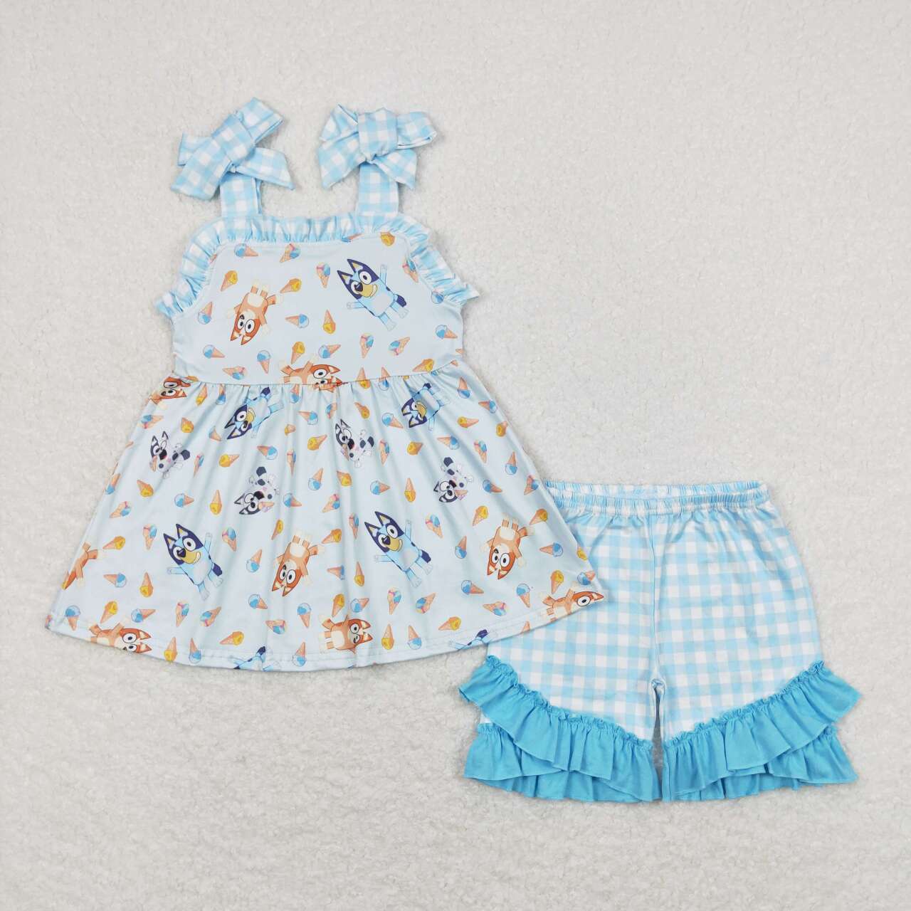 GSSO0683 Cartoon Dog Strap Tunic Top Plaid Shorts Girls Summer Clothes Set