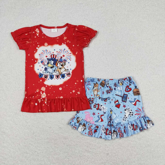 GSSO0804  Cartoon Dog Fireworks Print Girls 4th of July Clothes Set