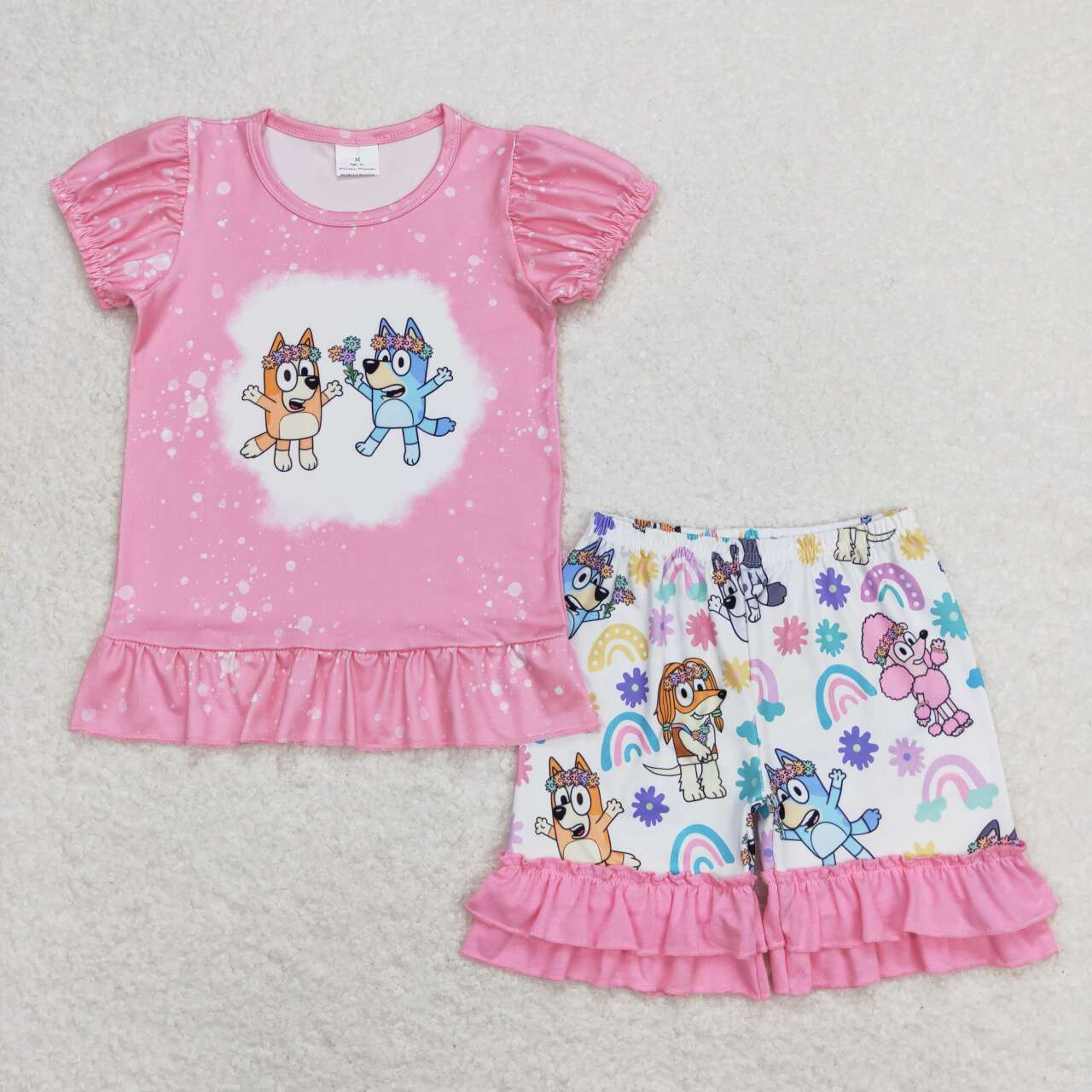 GSSO0823 Cartoon Dog Top Ruffles Shorts Girls Summer Clothes Set