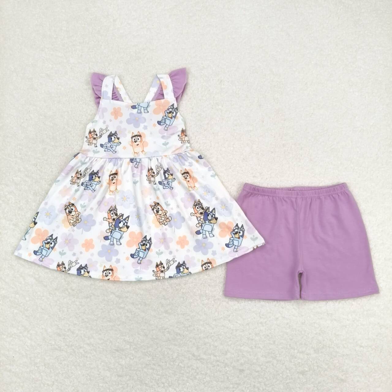 GSSO0998 Cartoon Dog Flowers Top Purple Shorts Girls Summer Clothes Set