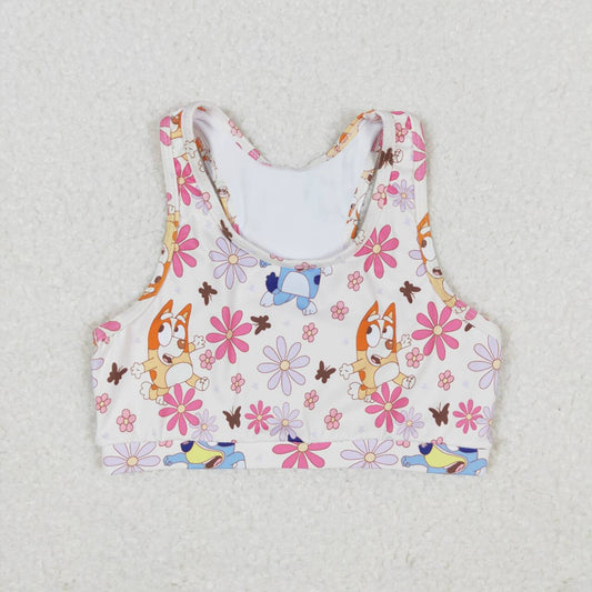GT0516  Cartoon Dog Flowers Print Girls Summer Tee Shirts Top