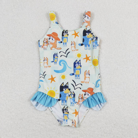 S0356 Cartoon Dog Sandbeach Print Girls 1 Piece Swimsuits