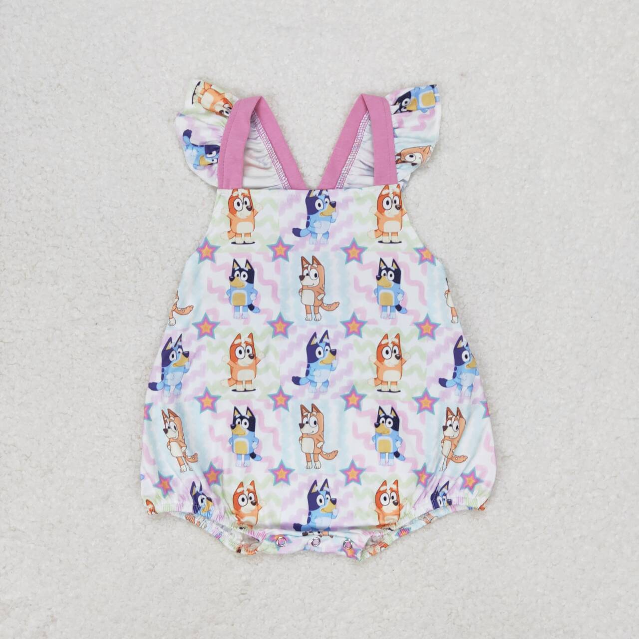 SR1419 Cartoon Dog Stars Print Baby Girls Summer Bubble Romper