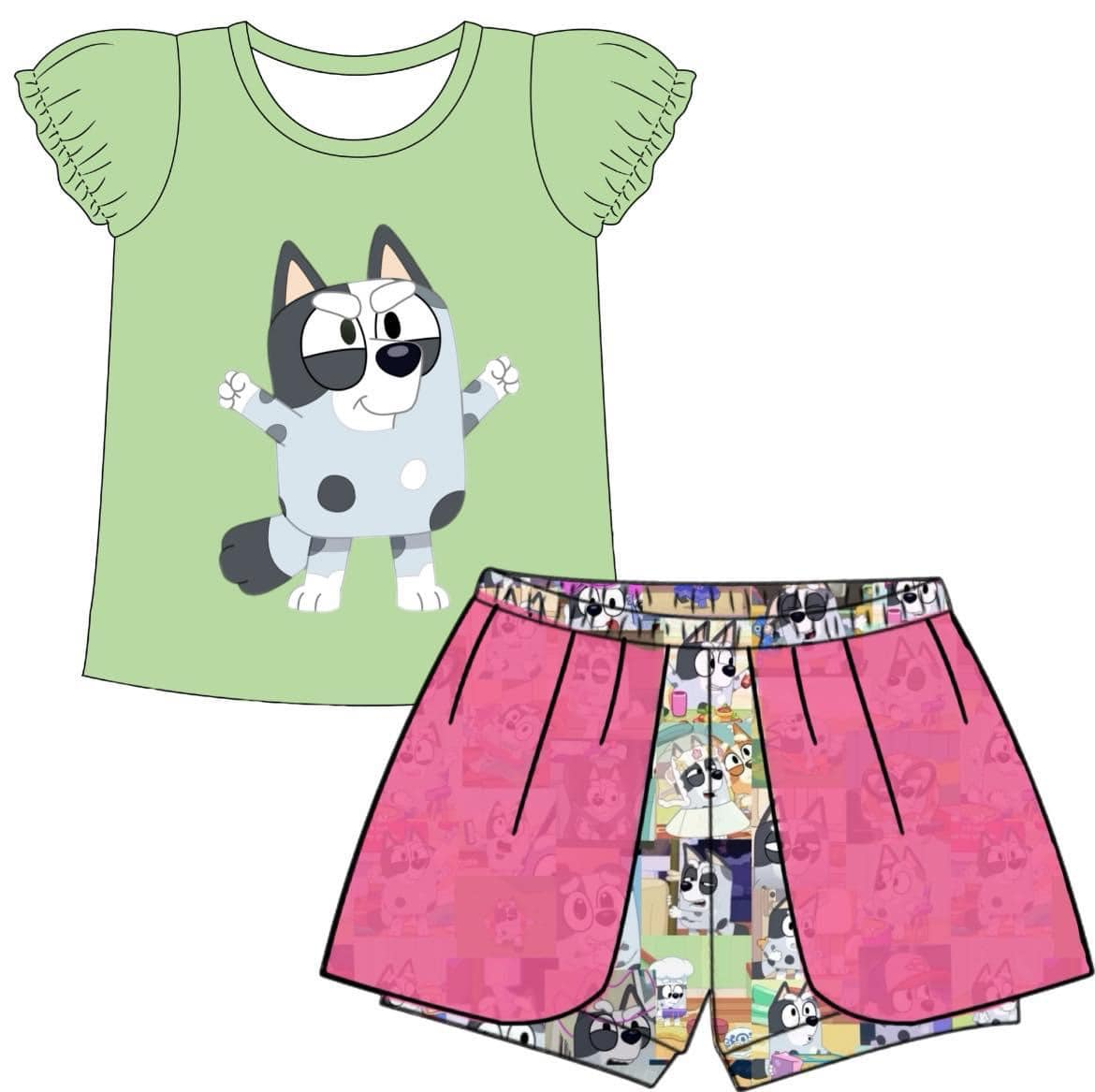 (Custom Design Preorder MOQ 5) Cartoon Dog Print Girls Summer Clothes Set