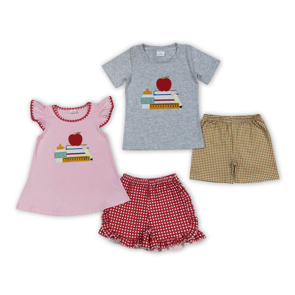 Book Apple Embroidery Top Plaid Shorts Kids Back to School Clothes Set Sibling Wear