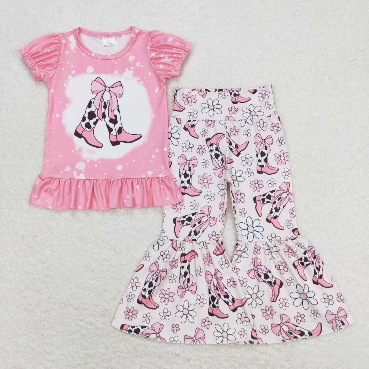 3 Colors Western Boots Print Bell Pants Girls Clothes Set
