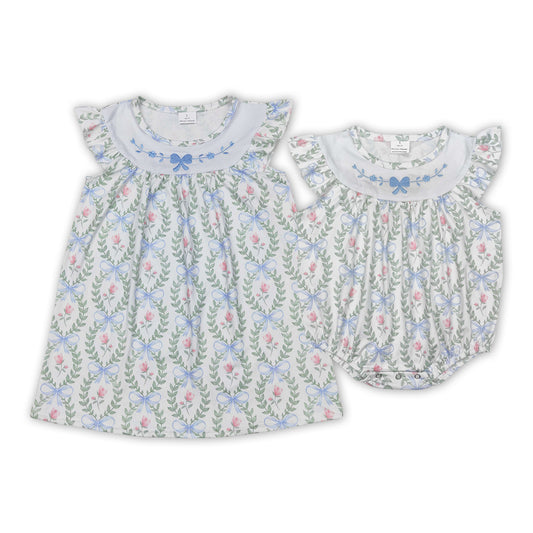Bows Embroidery Flowers Print Sisters Summer Matching Clothes