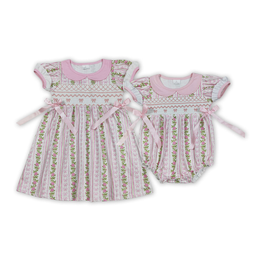 Bows Embroidery Pink Flowers Print Girls Summer Clothes Sisters Smocked Matching Wear