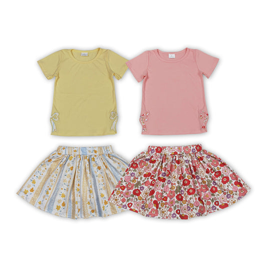 Bows Embroidery Top Flowers Skirts Shorts Gilrls Summer Clothes Set Sisters Wear