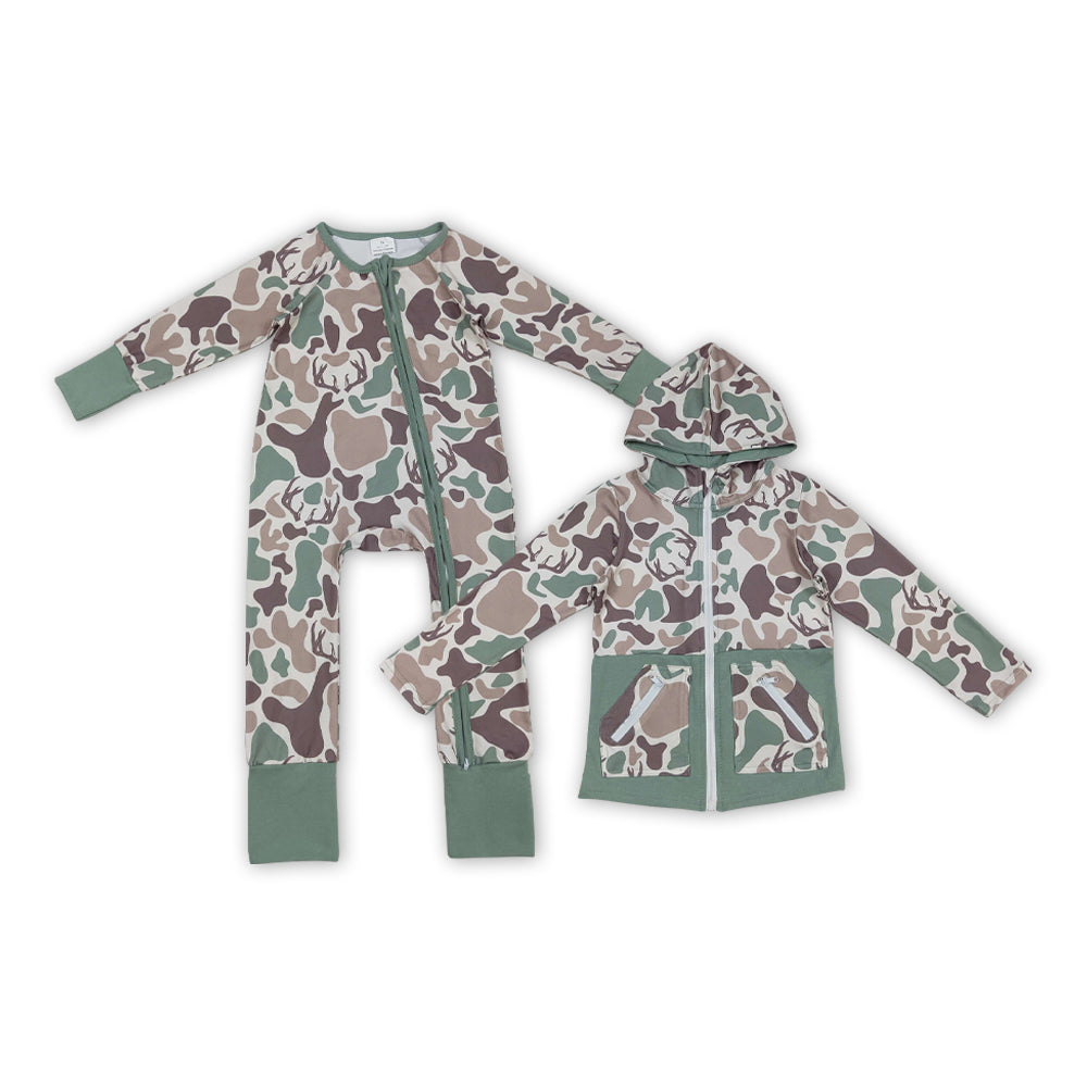 Brown Camo Green Print Boys Fall Clothes Brothers Matching Wear