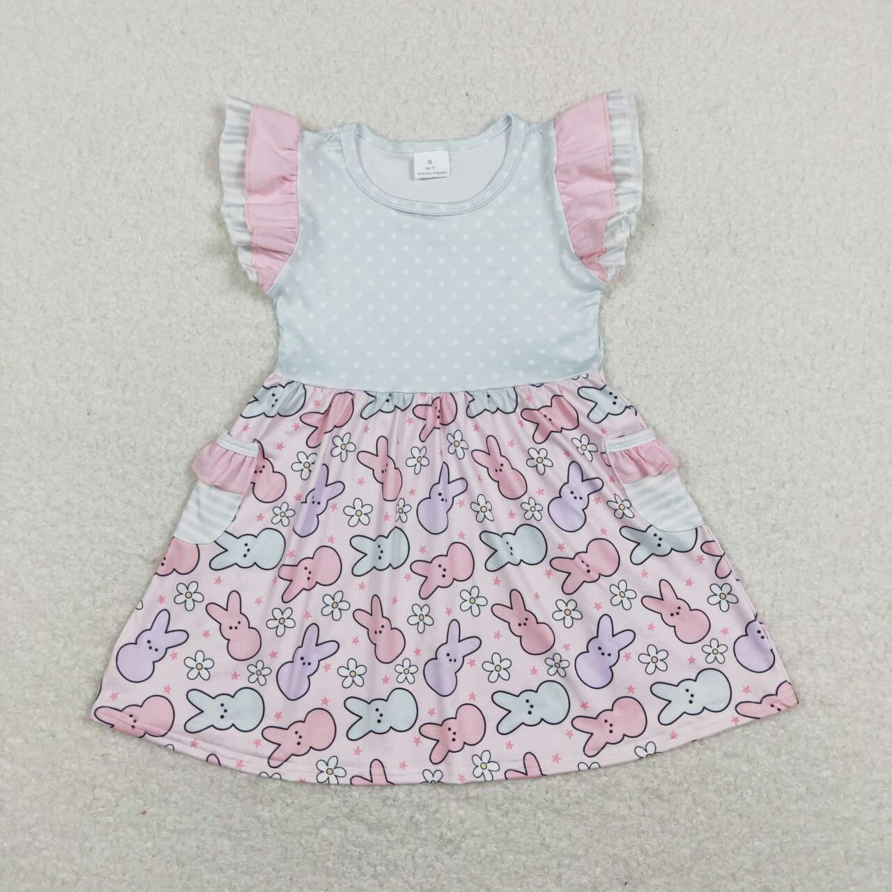 GSD0637 Flutter Sleeve Bunny Flowers Print Pockets Girls Easter Dress