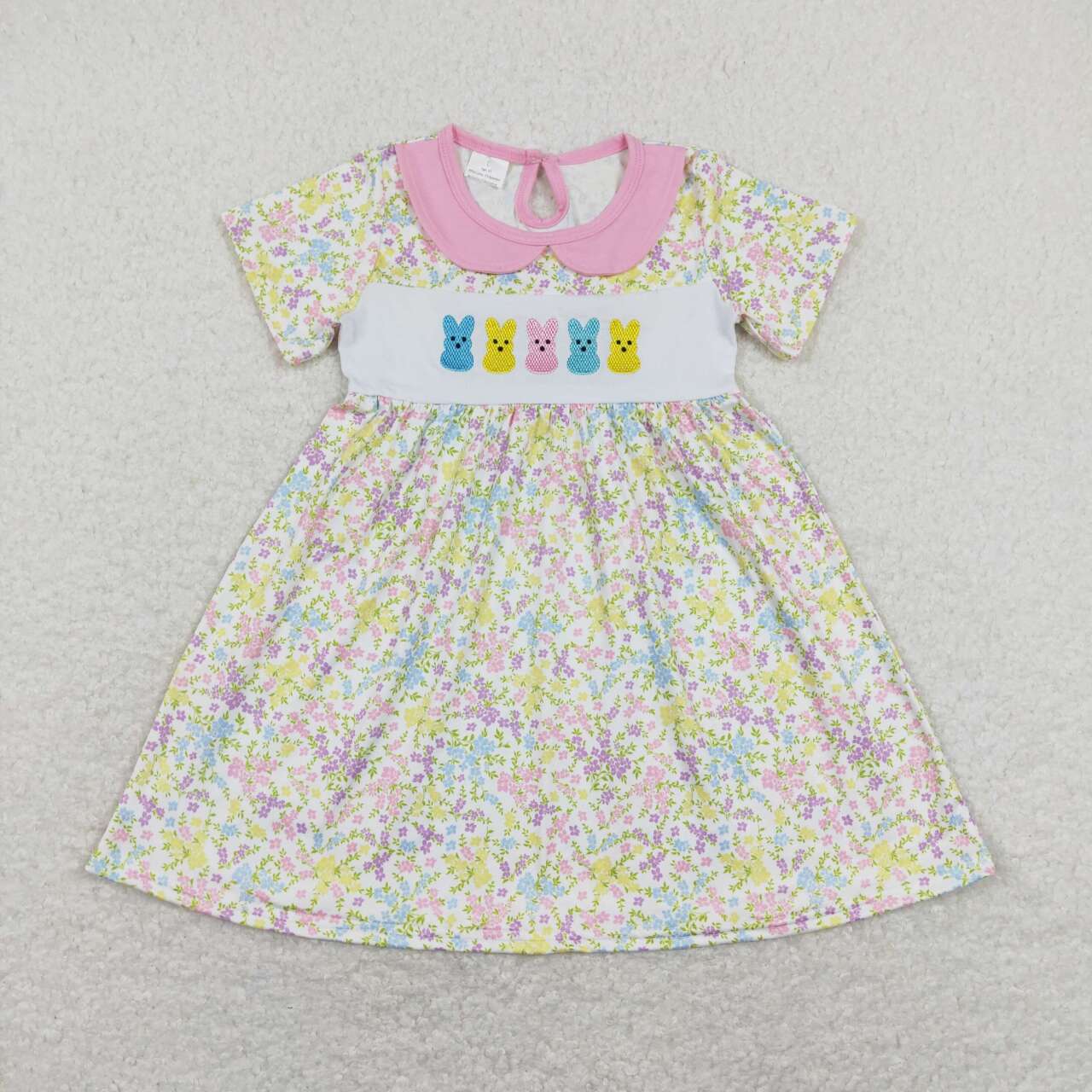 GSD0649 Flowers Bunny Embroidery Print Girls Easter Knee Length Dress