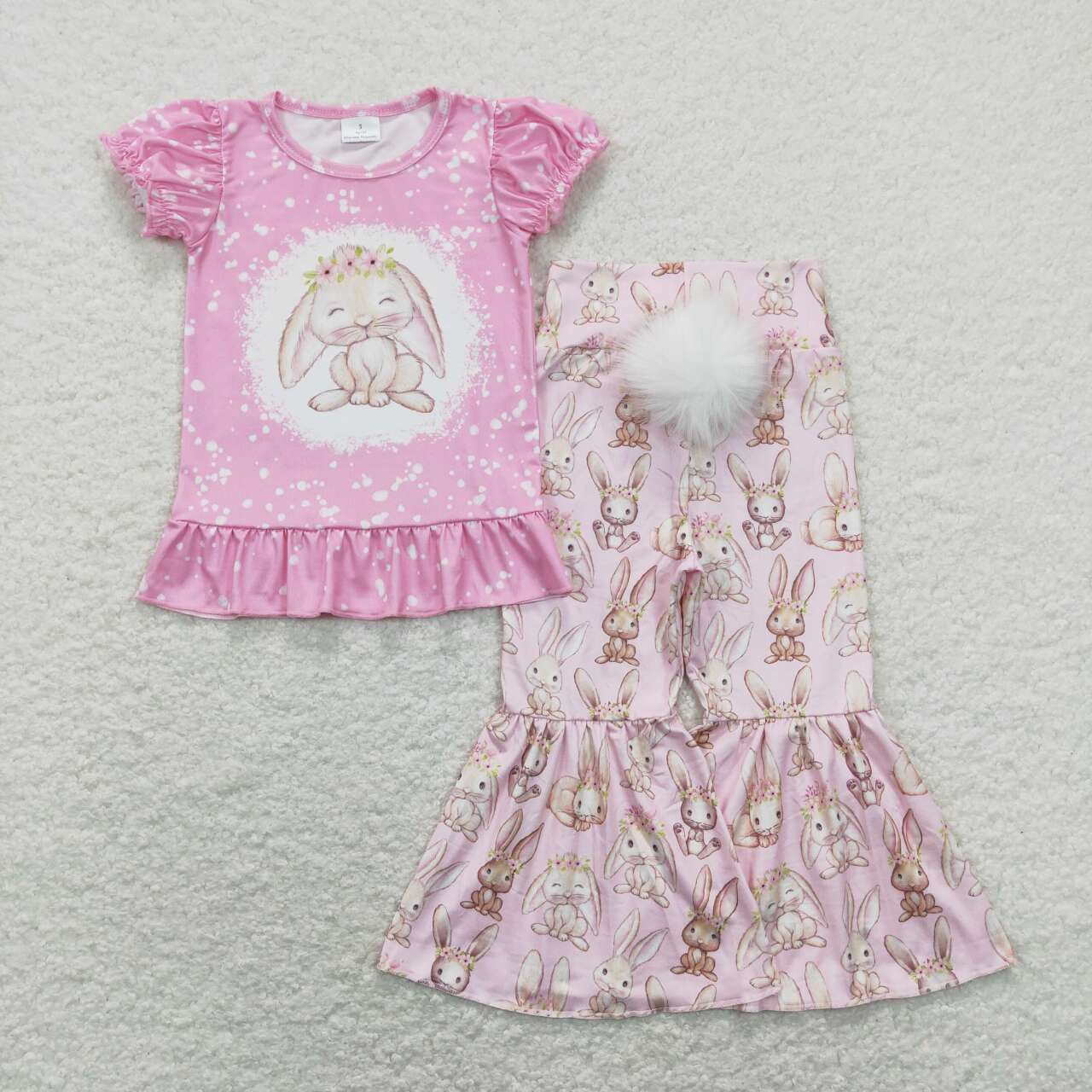 GSPO1347 Cute Pink Flowers Bunny Top Tail Bell Pants Girls Easter Clothes Set