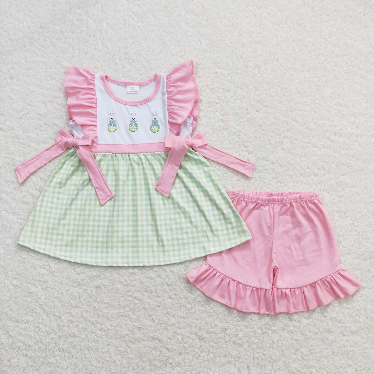 Bunny Embroidery Green Plaid Print Sibling Easter Matching Clothes