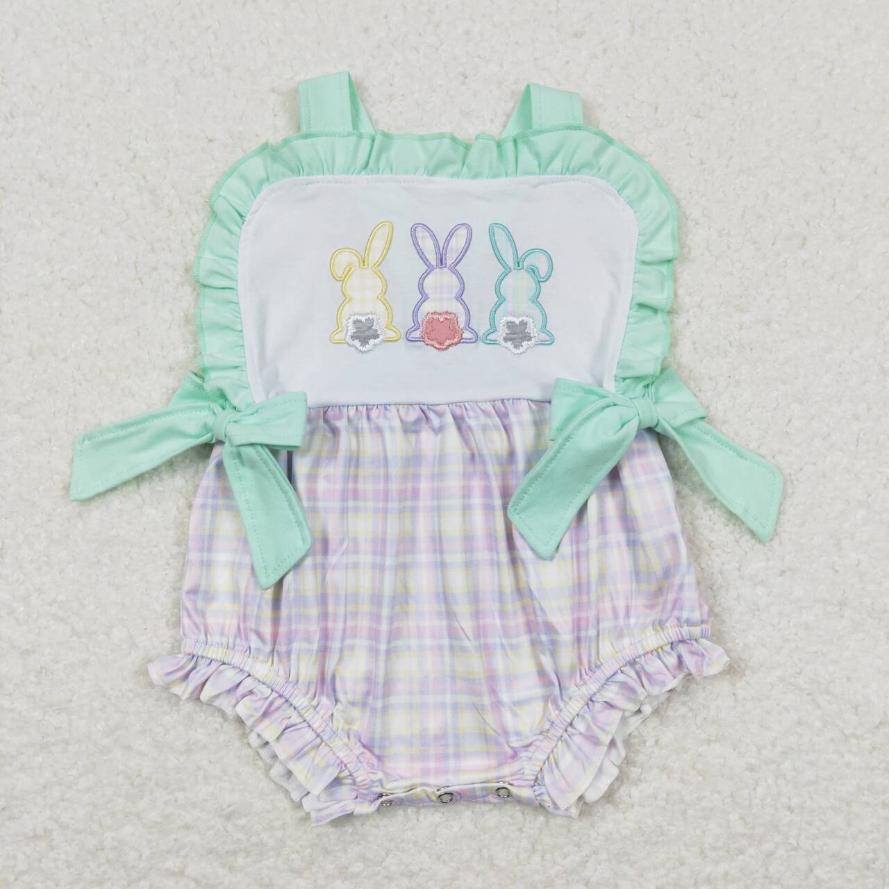 Bunny Embroidery Plaid Print Sisters Easter Matching Clothes