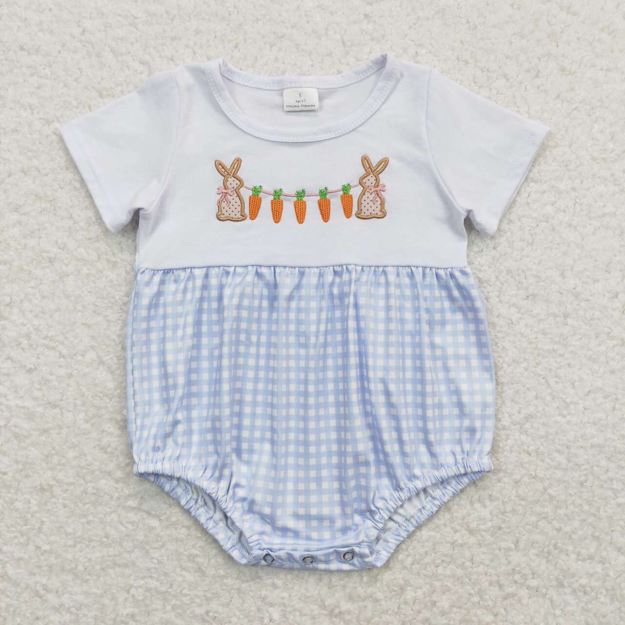 SR0723 Bunny Carrot Embroidery Blue Plaid Print Baby Boys Easter Romper