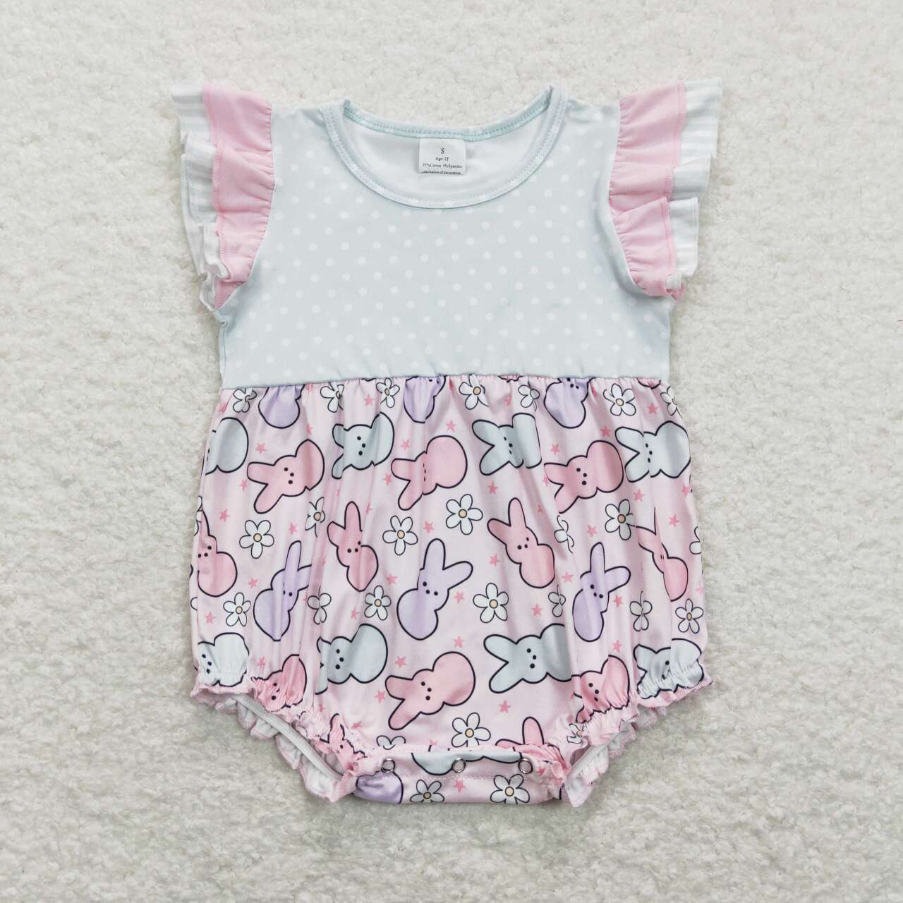 SR0784 Bunny Flowers Print Baby Girls Easter Romper