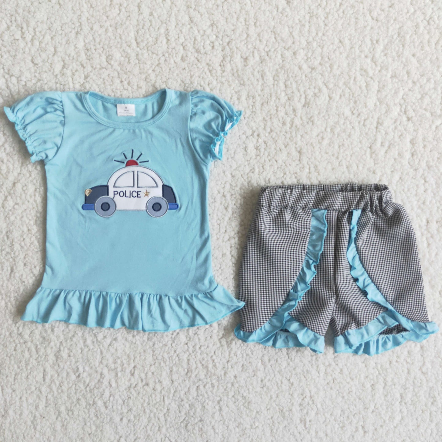 (Promotion)C15-38 Girls summer police car print embroideried outfits