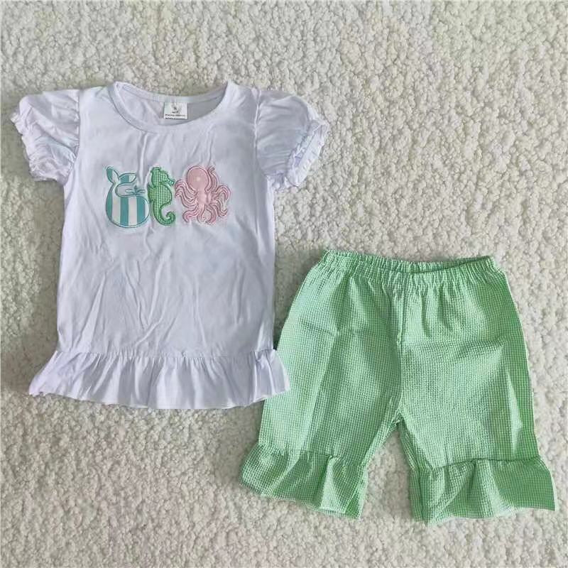 (Promotion) C6-21 Fish embroidery top ruffles shorts summer outfits