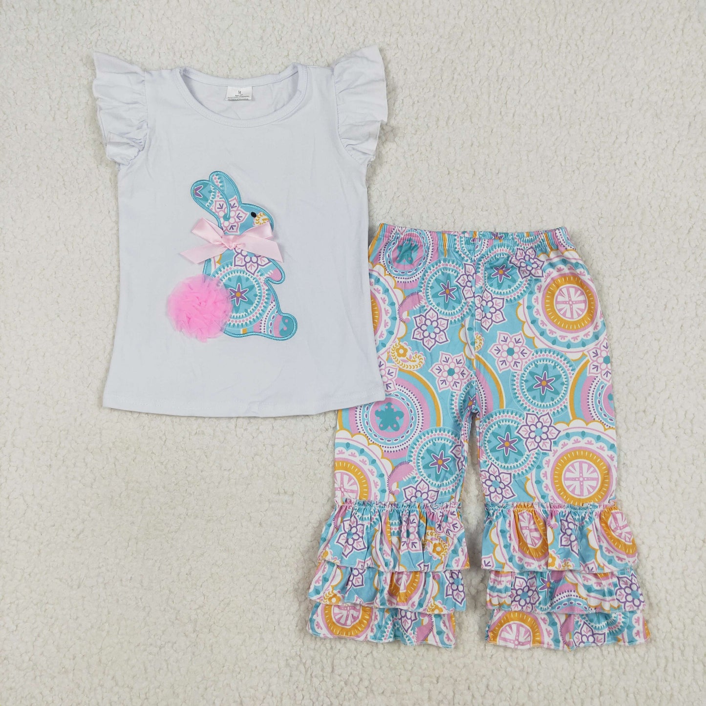 (Promotion)C7-4 Bunny Embroidery Top Flowers Capris Pants Girls Easter Outfits