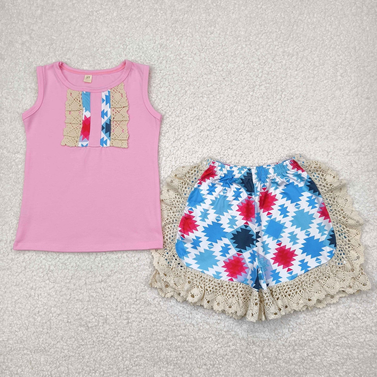 (Promotion)C7-5-1 Pink Top Aztec Shorts Girls Summer Outfits