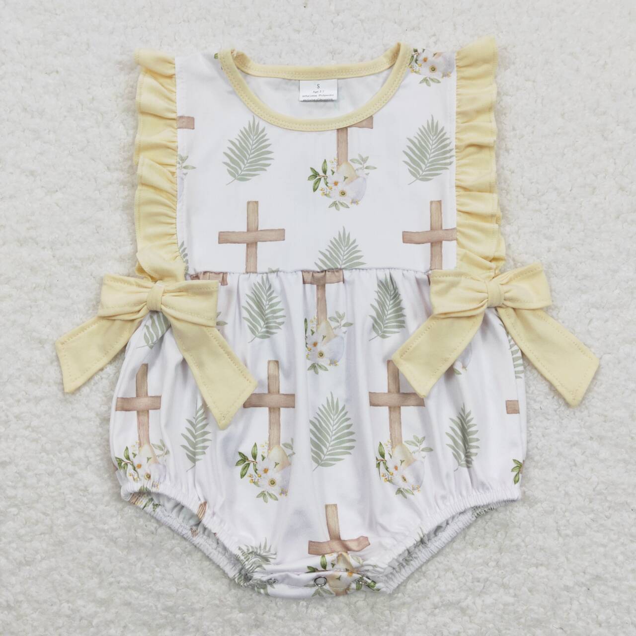 SR0619 Cross Flowers Print Baby Girls Easter Romper