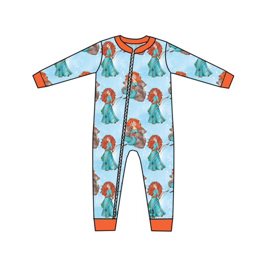 (Custom Design MOQ 5) Cartoon redhead princess baby girls zipper romper