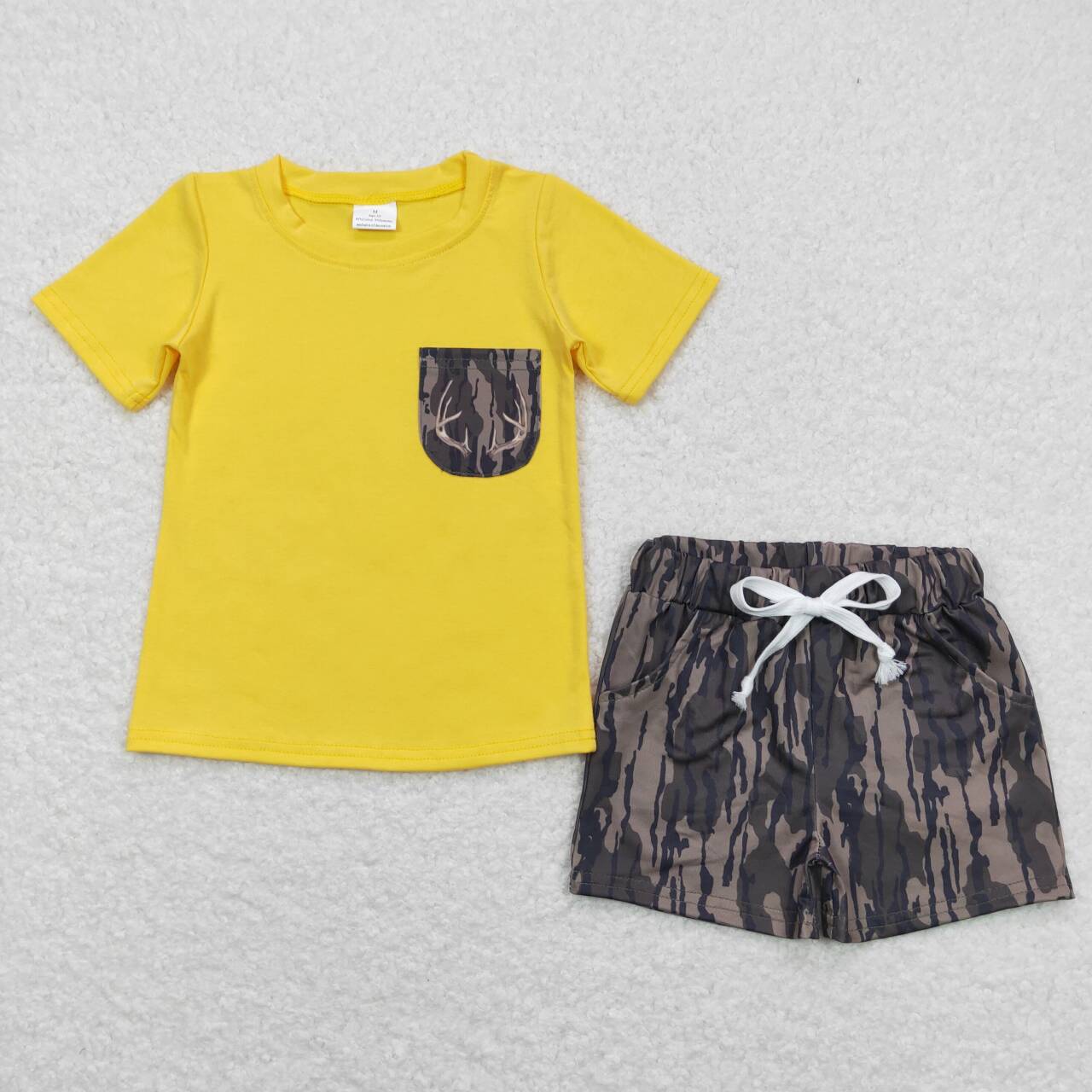 BSSO0609 Yellow Pocket Top Camo Shorts Boys Summer Clothes Set