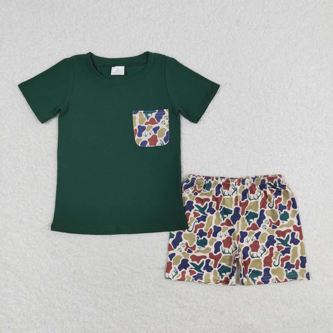 BSSO0923 Green Pocket Top Camo Hunting Shorts Boys Summer Clothes Set