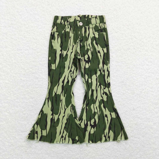 P0372 Green Camo Denim Bell Bottom Jeans Girls Pants