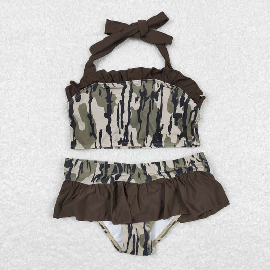 S0193 Girls Camo Print Ruffles Strap 2 Pieces Swimsuits