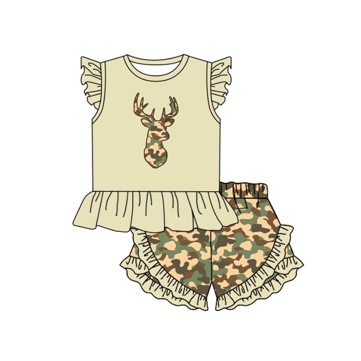 (Custom Design Preorder MOQ 5) Camo Deer Print Girls Summer Clothes Set