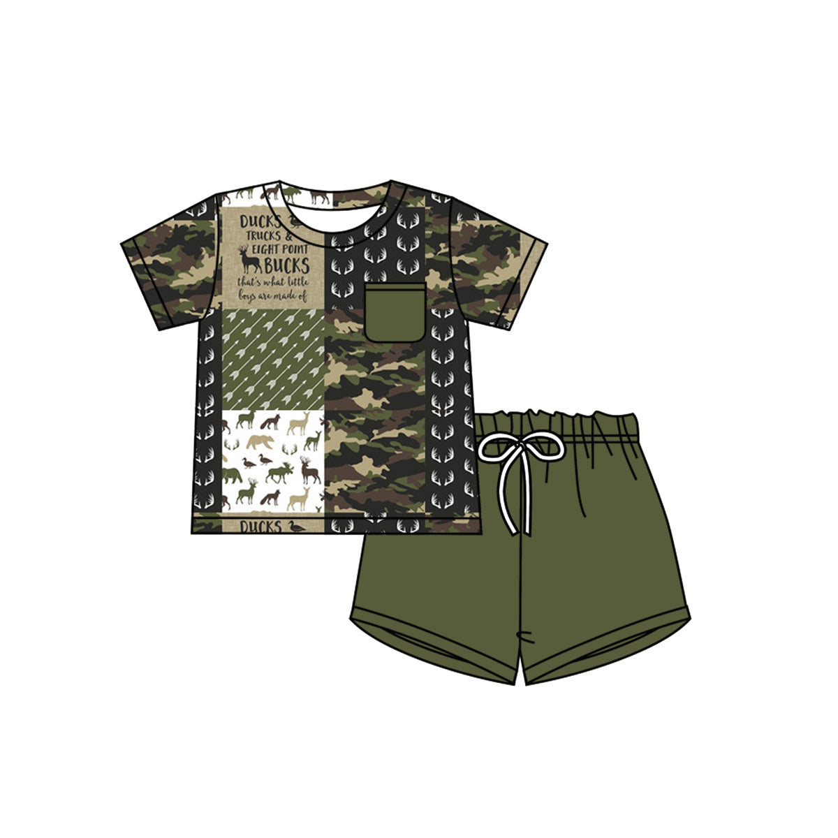 (Custom Design Preorder MOQ 5) Camo Hunting Print Boys Summer Clothes Set