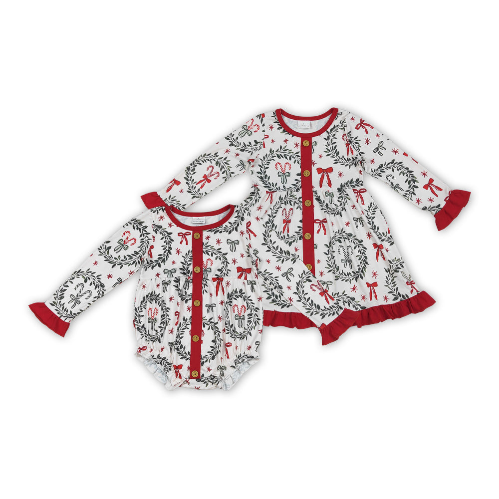 Candy Cane Bows Print Girls Christmas Clothes Sisters Matching Wear