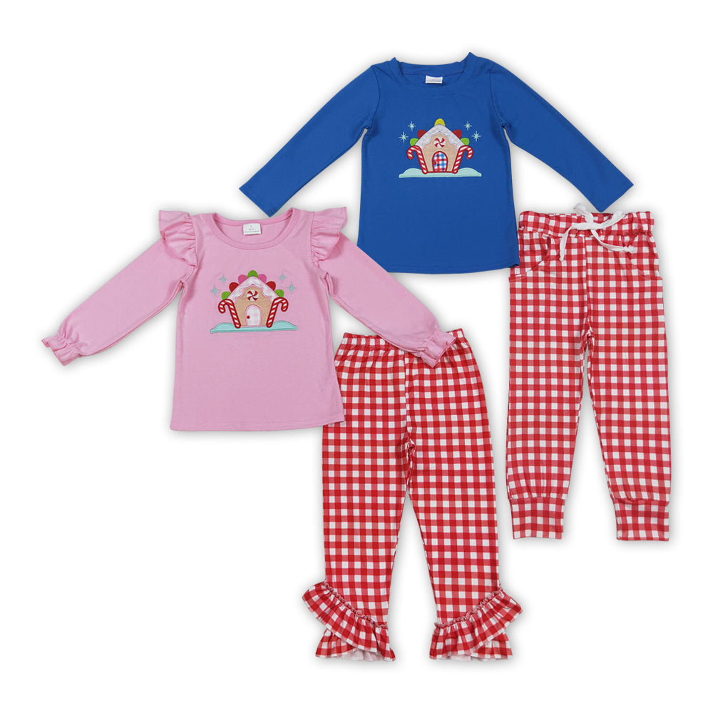 Candy House Embroidery Top Plaid Pants Kids Christmas Clothes Sibling Wear