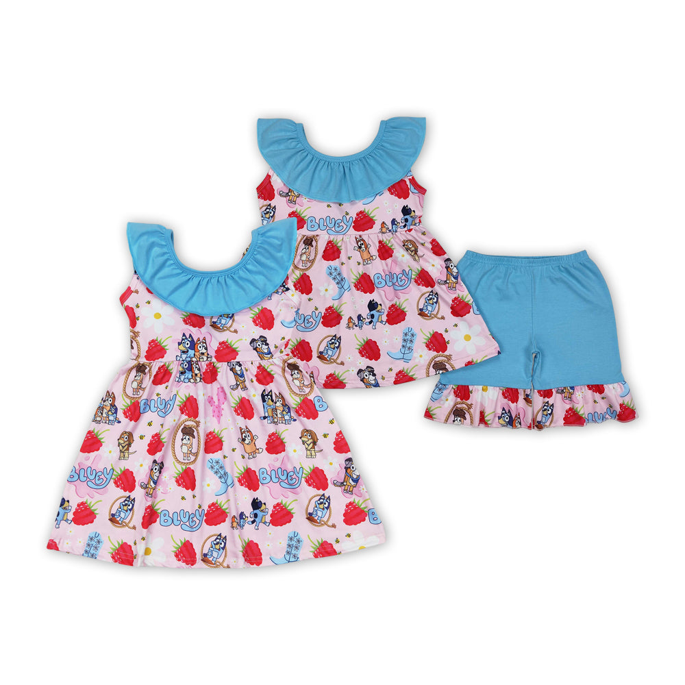 Cartoon Dog Raspberry Flowers Sisters Summer Clothes