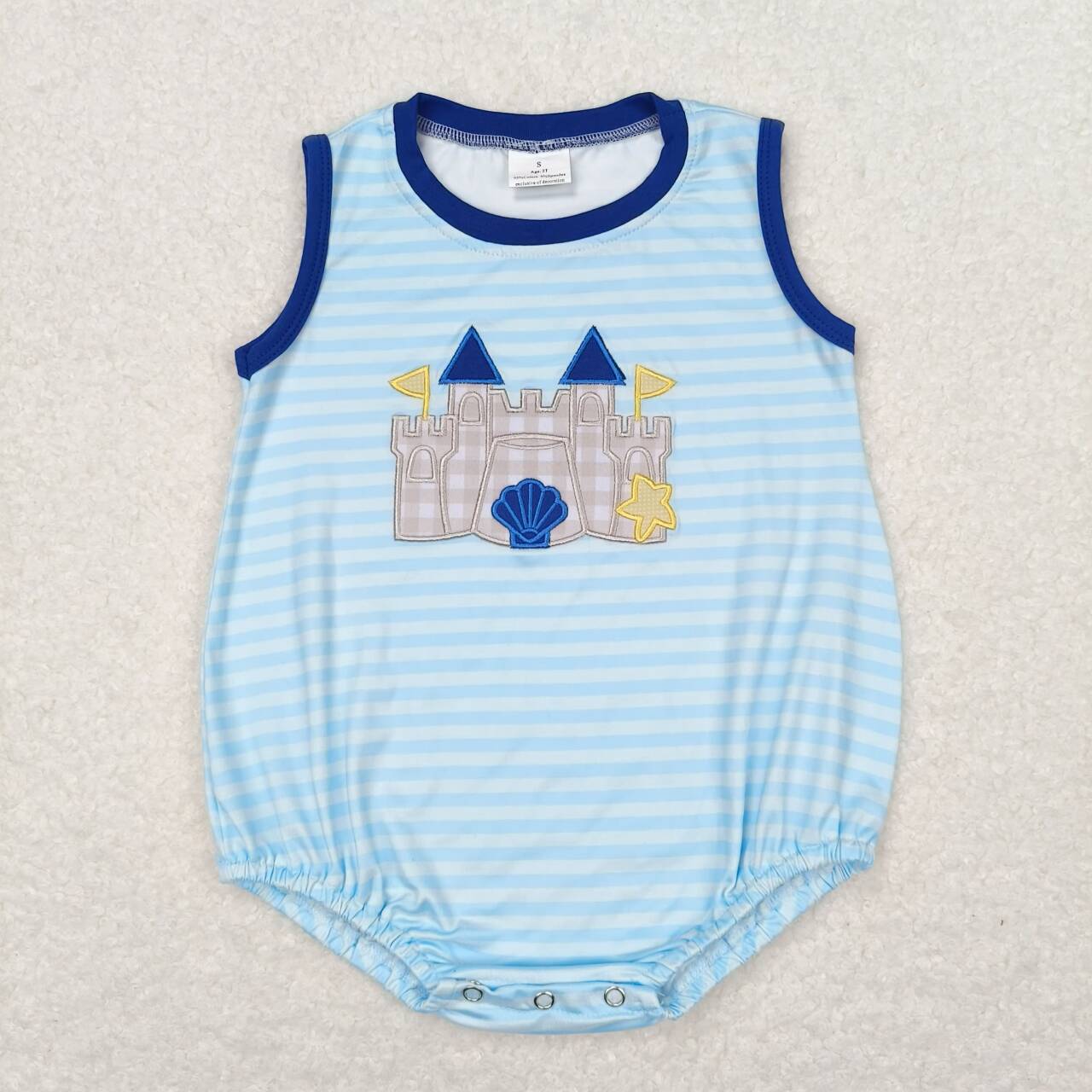 SR1318 Beach Castle Embroidery Stripes Baby Boys Summer Romper