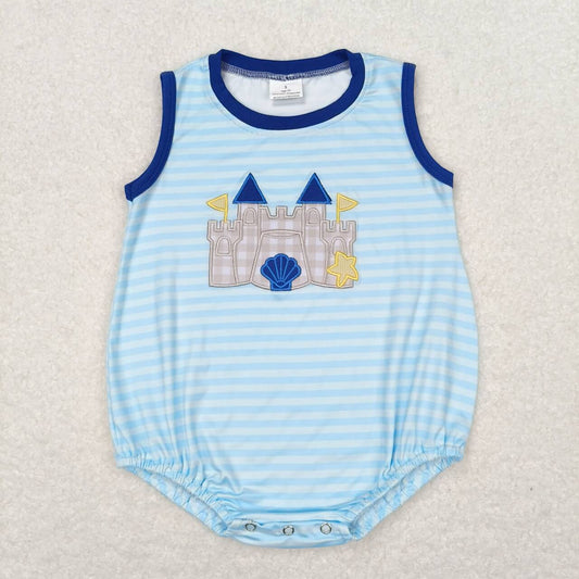 SR1318  Beach Castle Embroidery Stripes Baby Boys Summer Romper