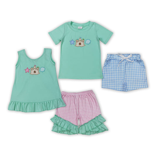 Castle Shell Embroidery Top Plaid Shorts Kids Summer Clothes Sibling Wear