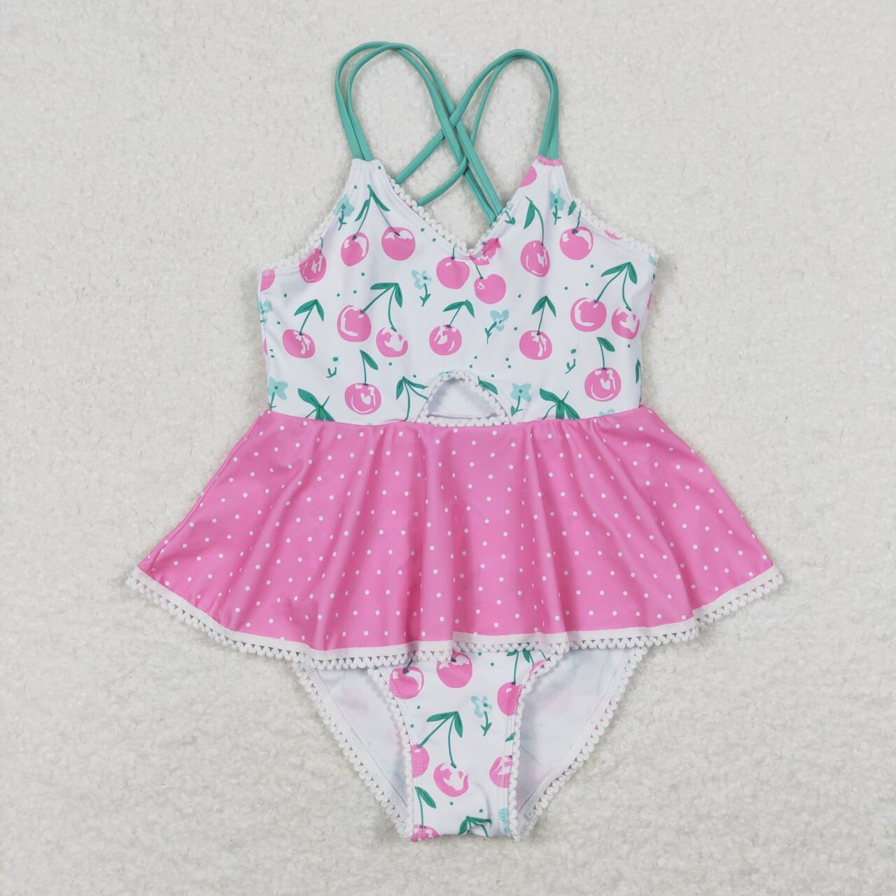 S0251 Girls Cherry Print 1 Piece Ruffle Swimsuits