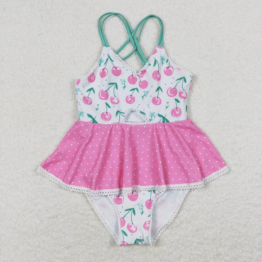 S0251 Girls Cherry Print 1 Piece Ruffle Swimsuits