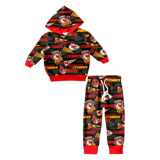 (Custom Design Preorder MOQ 5) Team's Chiefs KC Red Hoodie Top Pants Boys Fall Clothes Set