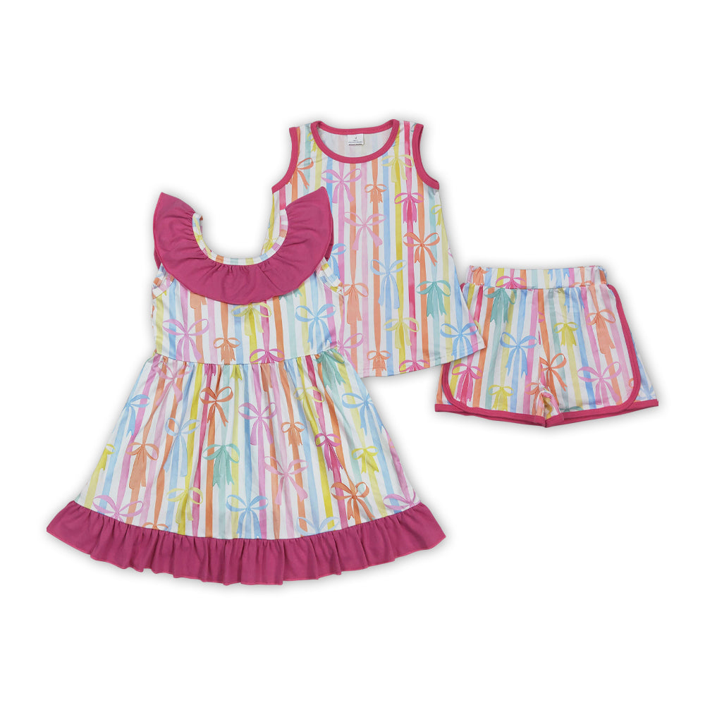 Colorful Bows Stripes Print Sisters Summer Matching Clothes