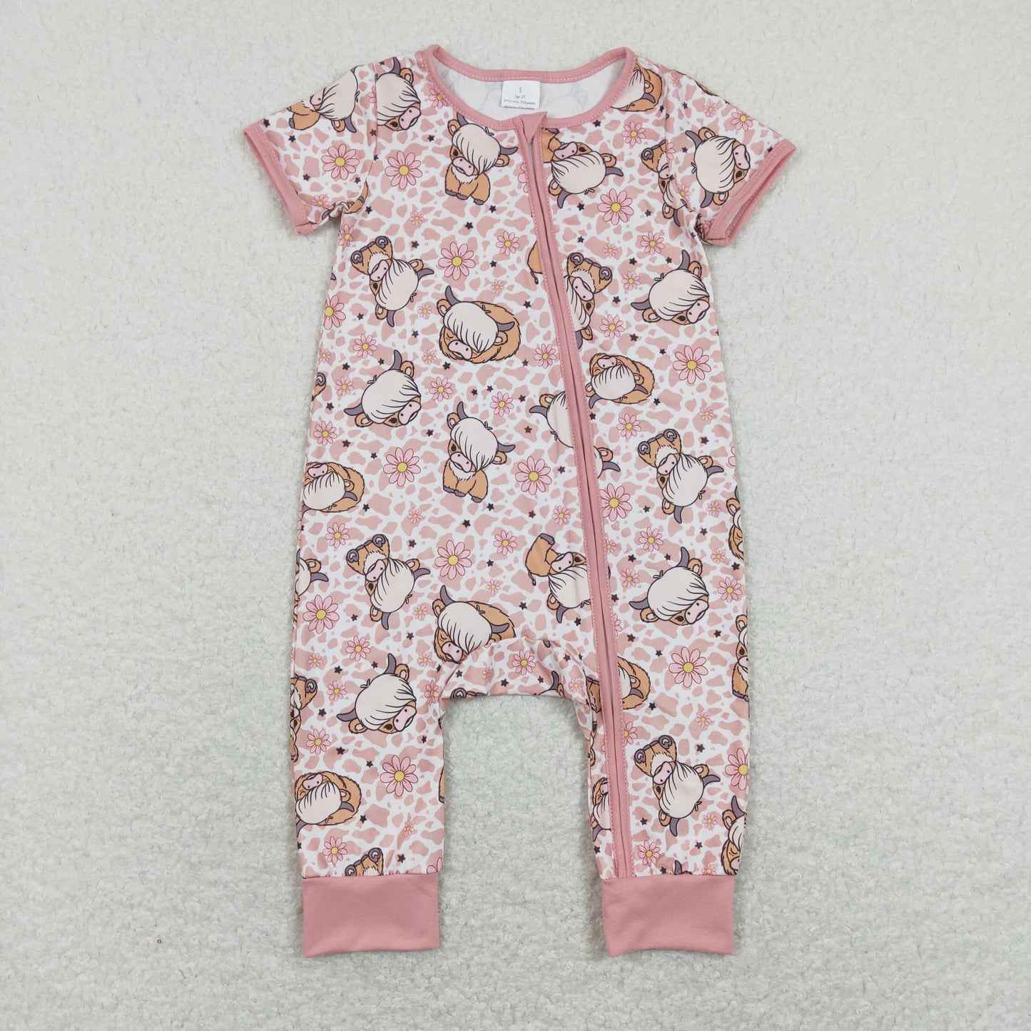 SR0924 Pink Flowers Highland Cow Print Baby Girls Zipper Romper