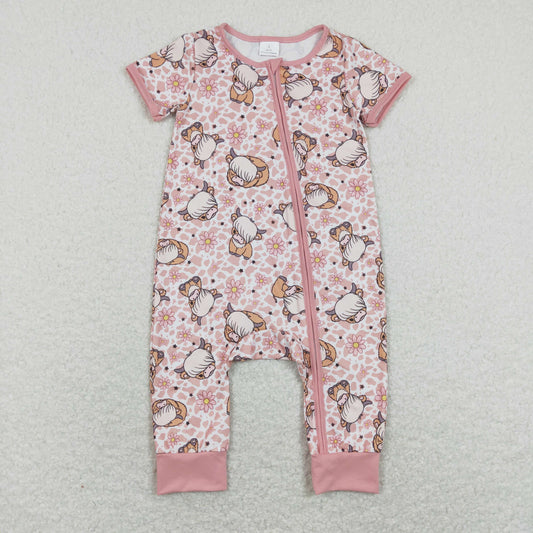 SR0924 Pink Flowers Highland Cow Print Baby Girls Zipper Romper